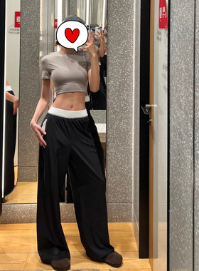 Juicefish莼z版型！柠檬swi*弹力松紧带轻薄速干阔腿休闲裤女