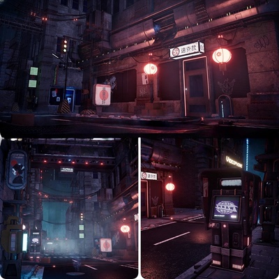 unity3d赛博朋克城市街区场景建模夜景未来科幻建筑素材u3d模型包