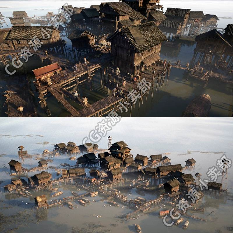 BMS中国水村UE5场景 人群角色古建村庄3D模型源文件 虚幻5