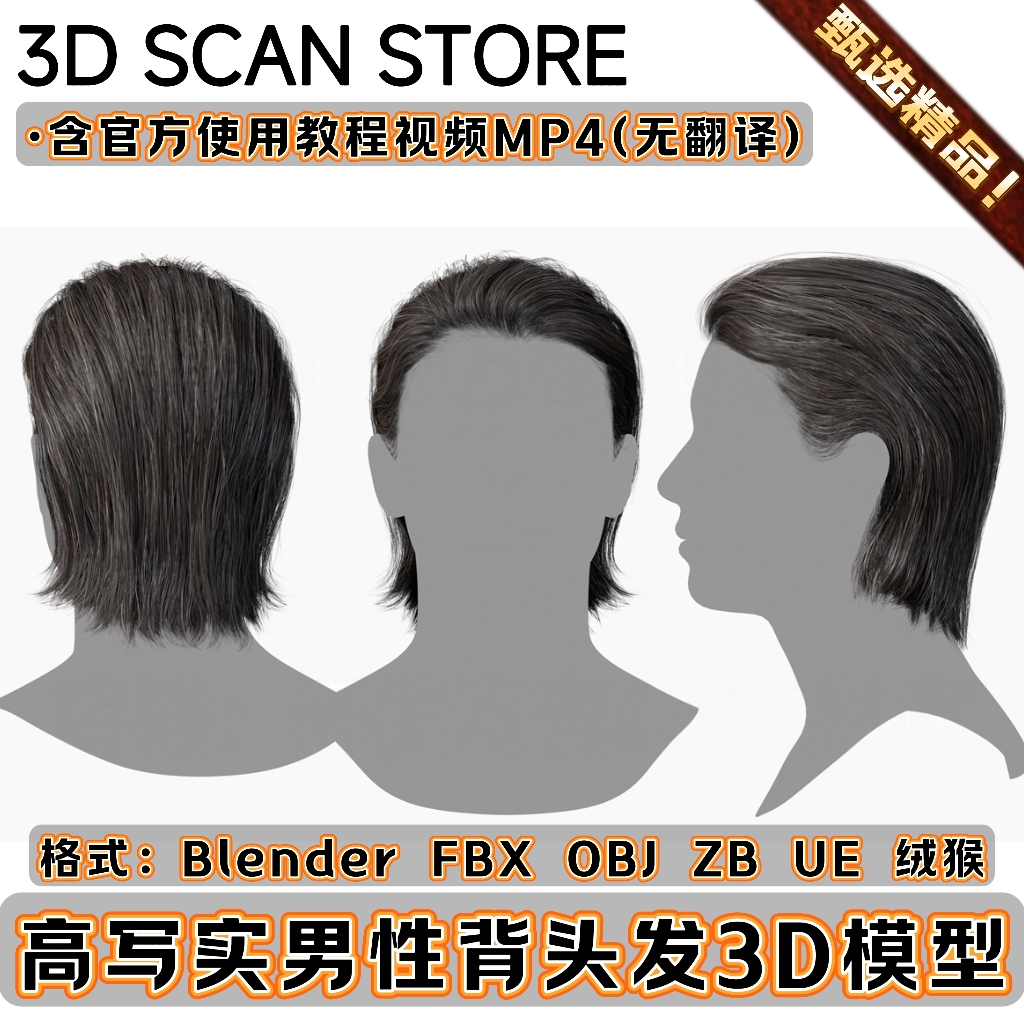 3DScanStore写实毛发男性帅哥插片头发型后背头3D模型Blender FBX