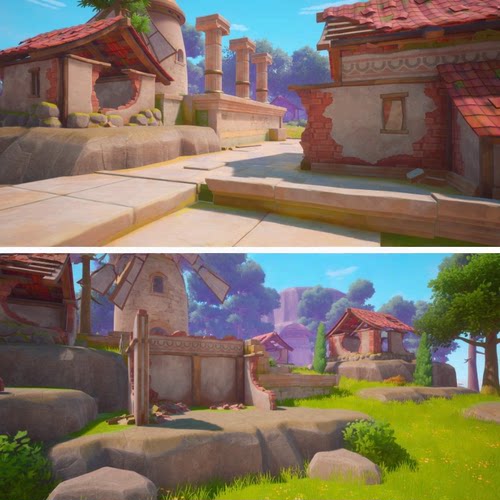 ue5/ue4卡通中世纪村庄场景房屋废墟风格化草地树木风车虚幻5模型