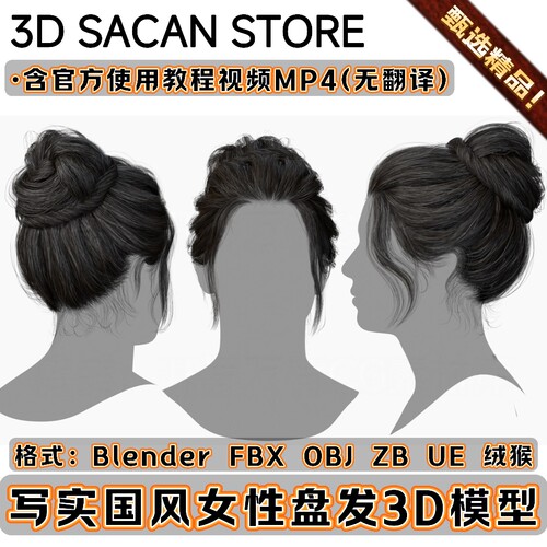 3DScanStore写实毛发女性插片头发长发古风盘发3D模型Blender FBX