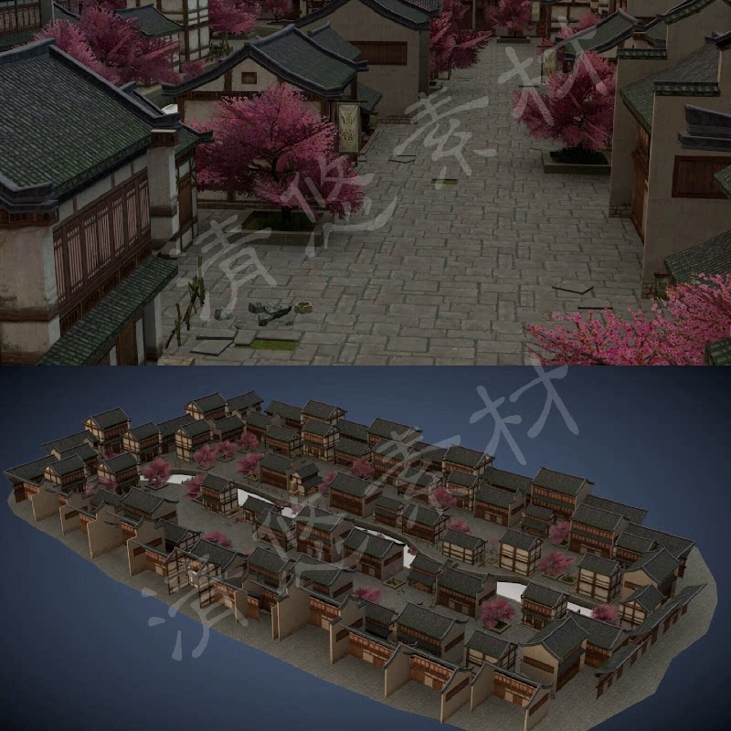 古代建筑游戏场景3dmax c4d fbx格式模型桃花小镇水乡 简模882