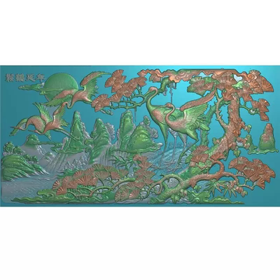 新横版松鹤延年精雕图古建筑祠堂壁画照壁墙影壁墙浮雕扫描图灰度