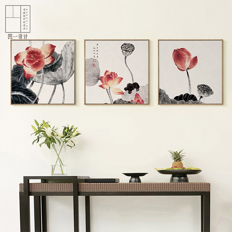 中式水墨荷花国画禅意装饰画简约现代客厅餐厅三联背景玄关晶瓷画图片
