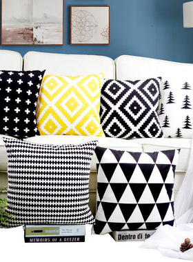 北欧抱枕靠垫现代简约黑白黄色条纹几何格子抱枕套客厅沙发靠枕