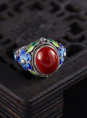花丝镶嵌戒指做旧烧蓝复古