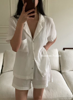 Moment Future夏季全棉纯白睡衣简约日式透气舒适无性别家居服v领