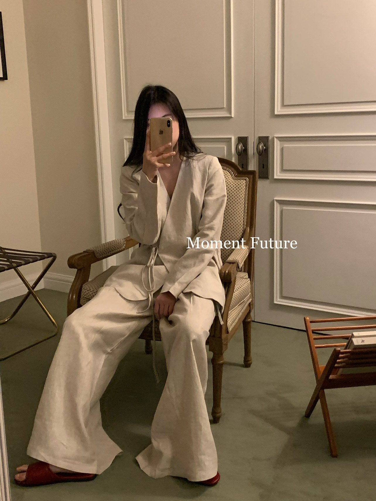 Moment Future小众设计v襟西装外套家居服棉麻宽松阔腿裤套装侘寂