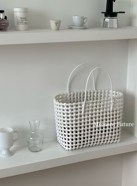 MomentFuture购物袋手工编织镂空手提篮菜篮子沙滩包蔬菜篮白色