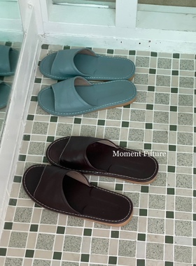 Moment Future家居室内拖鞋男女家用真皮不臭脚四季全皮凉拖蓝咖