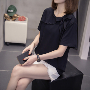 RM16464#夏装韩版加大码女宽松简约时尚百搭短袖T恤蝴蝶结系带女上衣