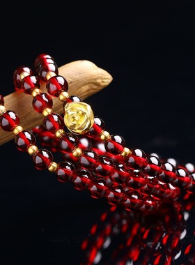 硬金酒红色石榴石三圈貔貅手链