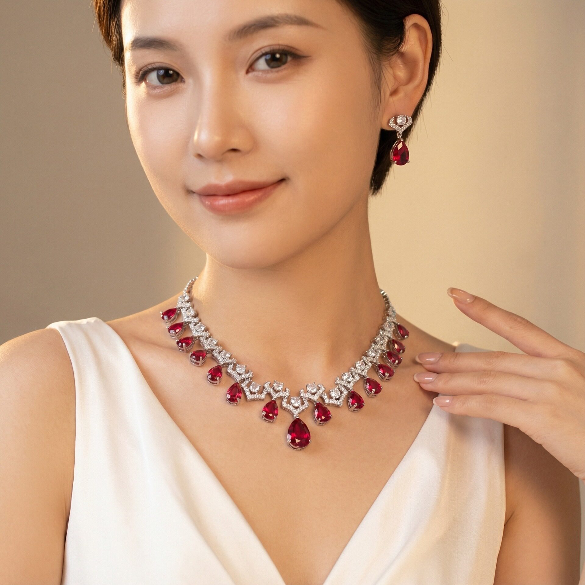 欧美时尚新娘婚纱水滴祖母绿锆石轻奢套链项链耳钉伴娘套装耳饰女