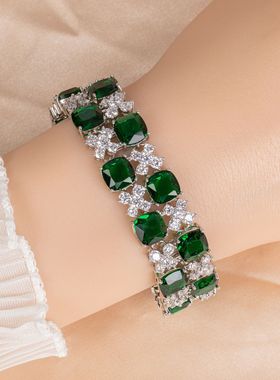 跨境新款夸张双排方形锆石手链手镯婚礼首饰品时尚彩宝多排手饰女