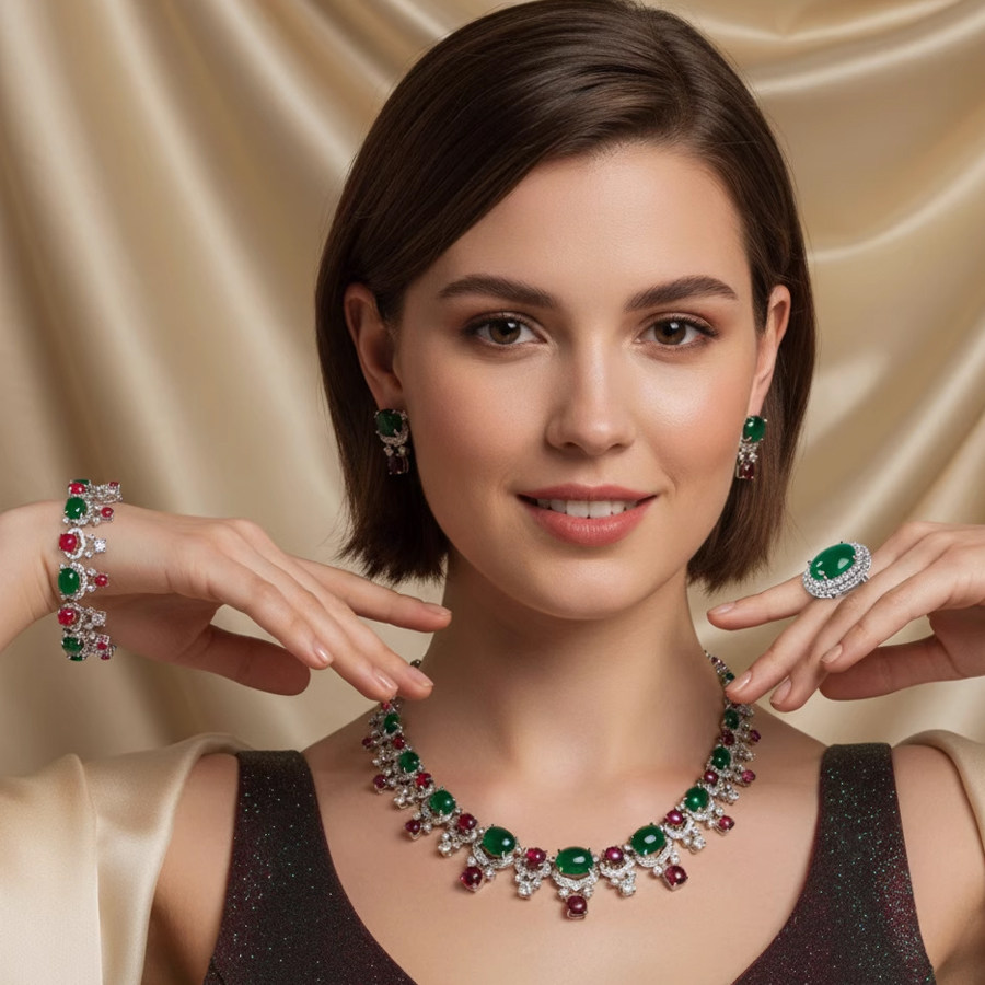 欧美新娘镶满钻锆石项链耳环套装爆款祖母绿椭圆奢华珠宝女首饰品