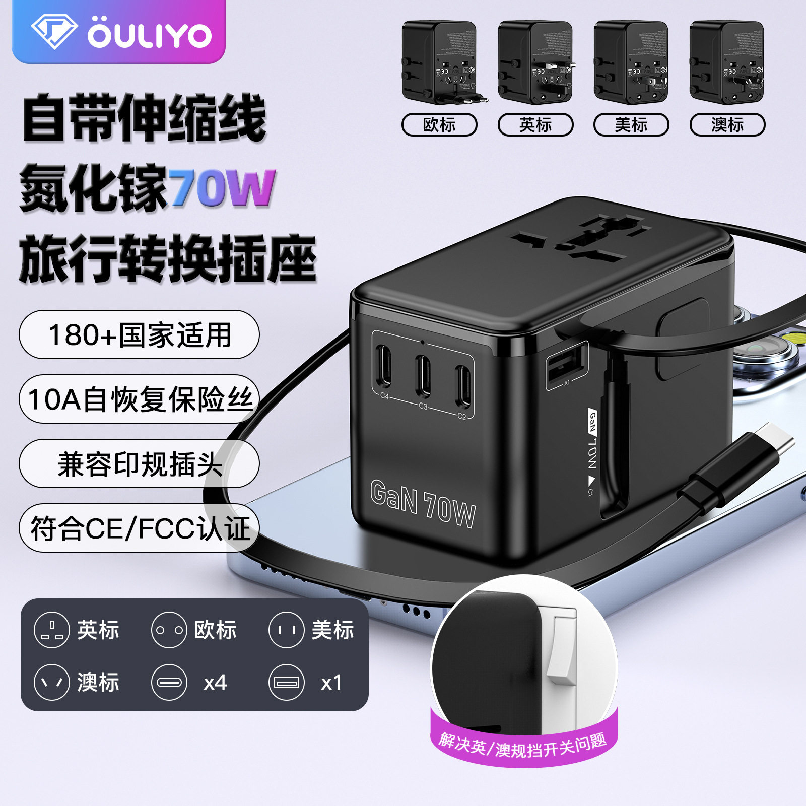 跨境新品70W伸缩线氮化镓快充欧标美标全球旅行插座万能转换插头
