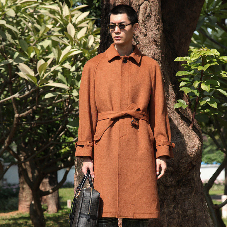 vintage高级羊绒大衣 复古型潮翻领系带修身中长款羊毛呢外套男