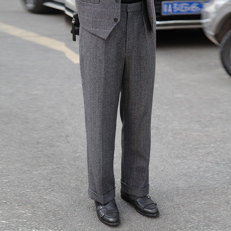 欧美人字纹羊毛街拍宽松男裤