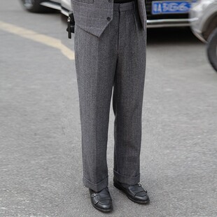 宽松西裤 GSSU男装 街拍男裤 人字纹羊毛阔腿裤 自制那不列颠欧美男裤