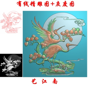 2852松鹤延年仙鹤松树方板小门带线浮雕精雕JDP灰度BMP格式木雕图