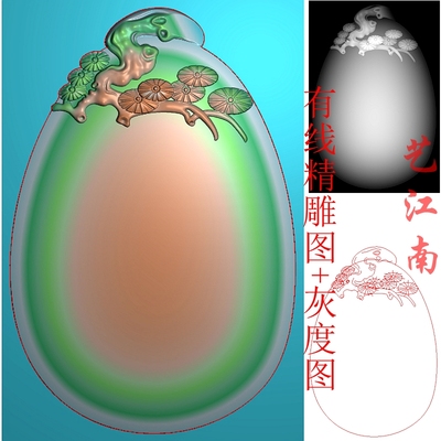 2775松树牌头椭圆蛋形鼓面无字平安无事牌子精雕JDP灰度BMP格式图