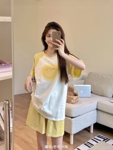韩社冰感纯棉撞色笑脸套装家居服女可外穿