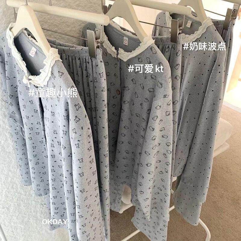 秋冬款带胸垫睡衣女长袖系双面卡通德绒带BRA家居服套装素描小熊