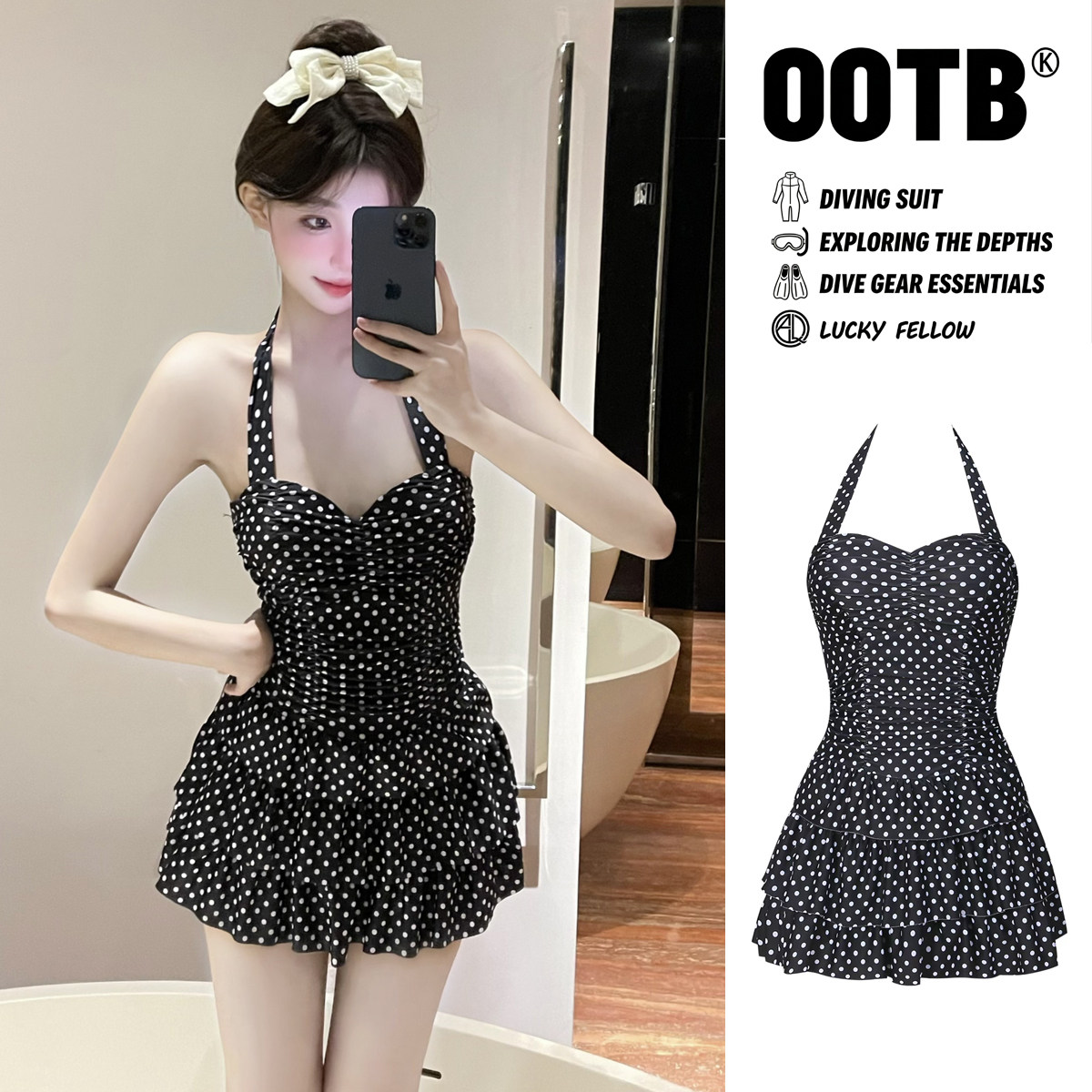 2026新款连体复古波点裙式保守带钢托聚拢遮肚显瘦度假温泉泳衣女