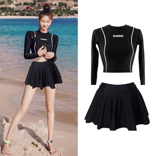 半袖 长袖 保守聚拢带胸垫泳衣女夏海边遮肚子游泳衣 分体平角裤 裙式