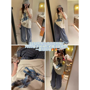 E7532 lirose 子 不含裤 慵懒时髦可爱狗狗印花宽松百搭短袖 T恤