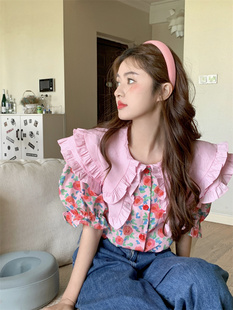 韩国ins 甜美碎花印花减龄双层娃娃领短袖衬衫宽松少女粉色上衣夏