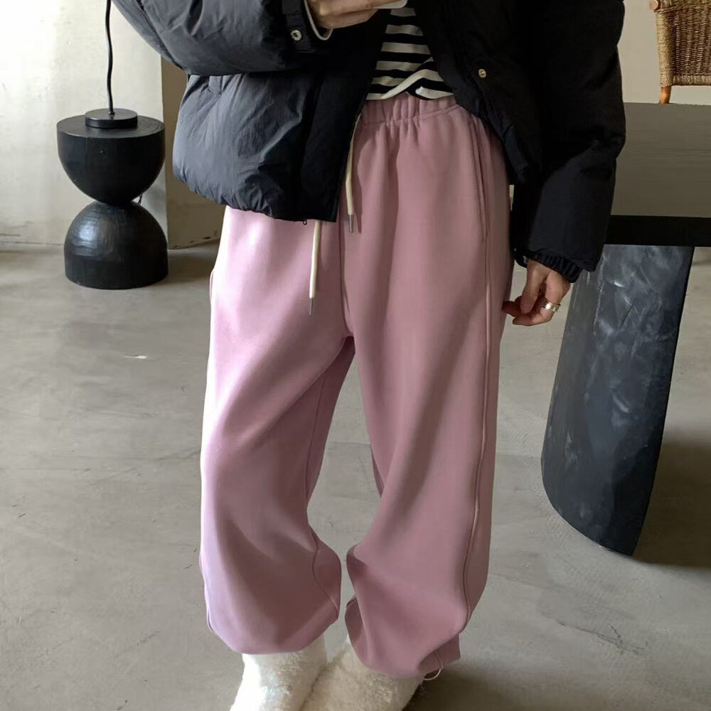 韩国简约风加绒加厚抽绳两穿卫裤