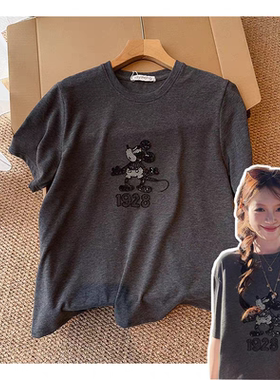 lirose亮片卡通鼠鼠」韩系！圆领减龄卡通米老鼠女士短袖T恤上衣