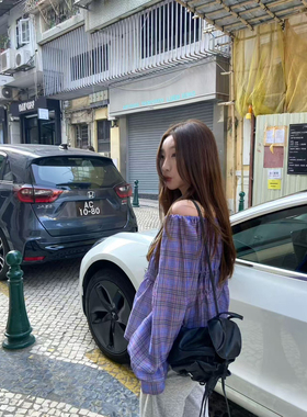 FIFTEEN-2026年春款时尚百搭彩色格纹一字肩衬衫泡泡袖上衣5953