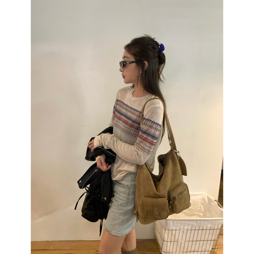 百搭慵懒风几何印花长袖T恤打底