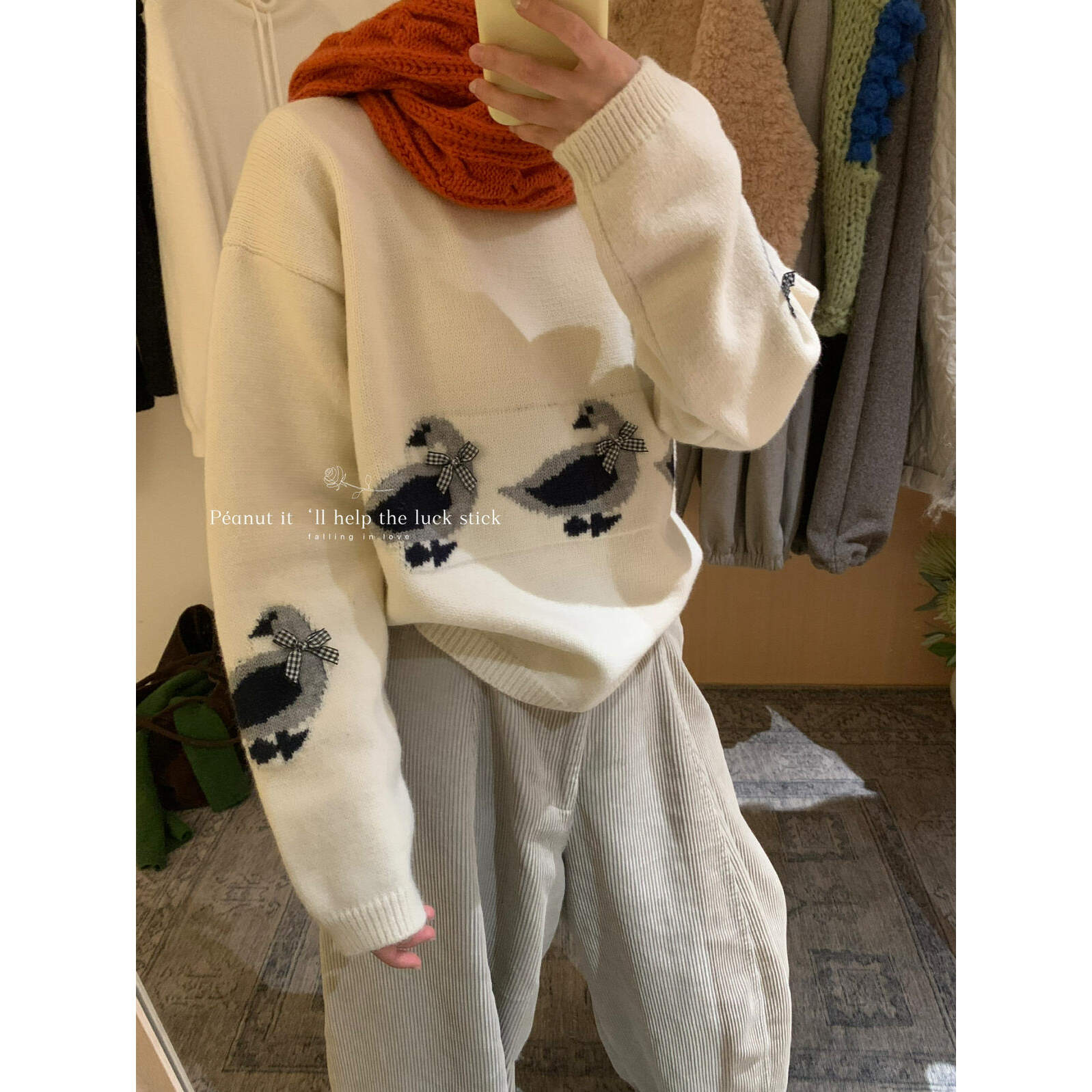 可爱鸭子提花超Q手工蝴蝶结毛衣