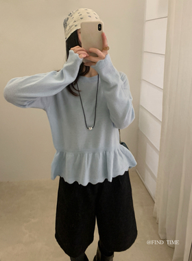 100%绵羊毛find Time-时尚早春法式荷叶边收腰百搭保暖毛衣L61257