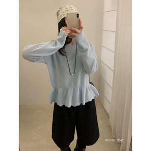 100%绵羊毛find Time-时尚早春法式荷叶边收腰百搭保暖毛衣L61257