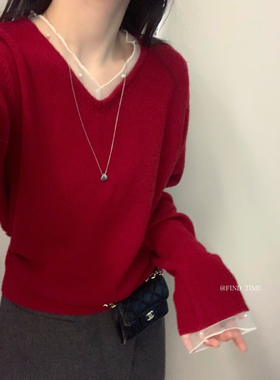 100%棉羊毛find Time-韩系温柔法式珍珠蕾丝V领百搭针织衫L61272