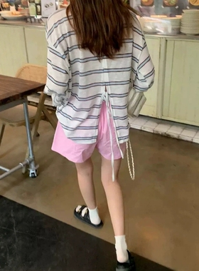 lirose蔚蓝星海韩国单！25年夏季新款薄款后背开叉条纹T恤防晒衫