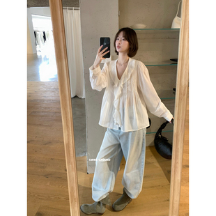 IMISS-2026春上新韩系荷叶边V领刺绣压褶衬衫长袖上衣R80880