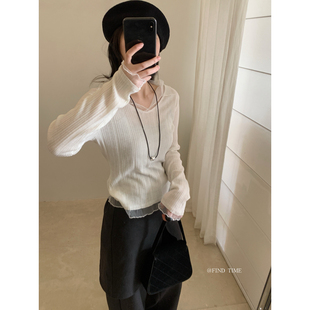 find Time-温柔风蕾丝拼接翻领细羊毛针织衫4.8绵羊毛L70109