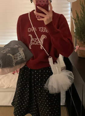 lirose-韩系2026年早春节日氛围感喜庆小马刺绣保暖毛衣25-6551-2