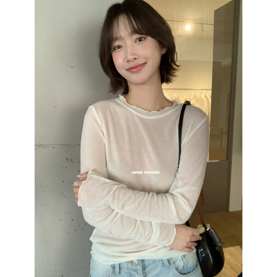 简约卷边天丝麻长袖T恤打底衫