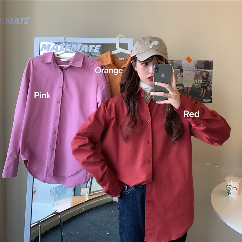 Real price early autumn new candy color minority Korean Lapel breasted shirt looks thin and loose shirt coat