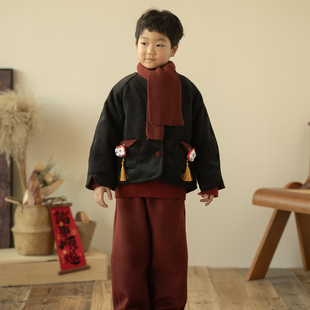 2026套装马年红色喜庆夹棉呢子外套男女童中国风洋气保暖拜年服新