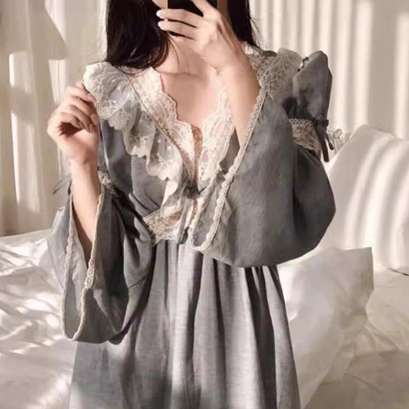 韩国法式宫廷睡裙女春秋长袖蕾丝花边少女长款泡泡袖可外穿家居服