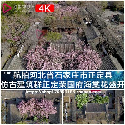 航拍河北省石家庄正定县仿古建筑群正定荣国府海棠花盛开视频素材