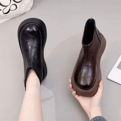 复古厚底短靴女2025秋冬季新款圆头松糕底小个子加绒马丁靴小码34